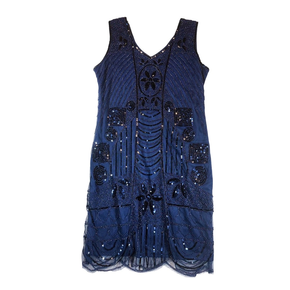 Kaymiga Women's Navy Blue Beaded Sequin Flapper Dress V-Neck Sleeveless - Picture 2 of 6